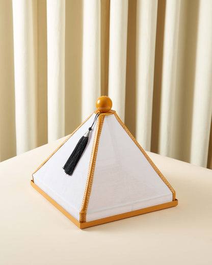 Serving dish with a raw lid and square leather cover