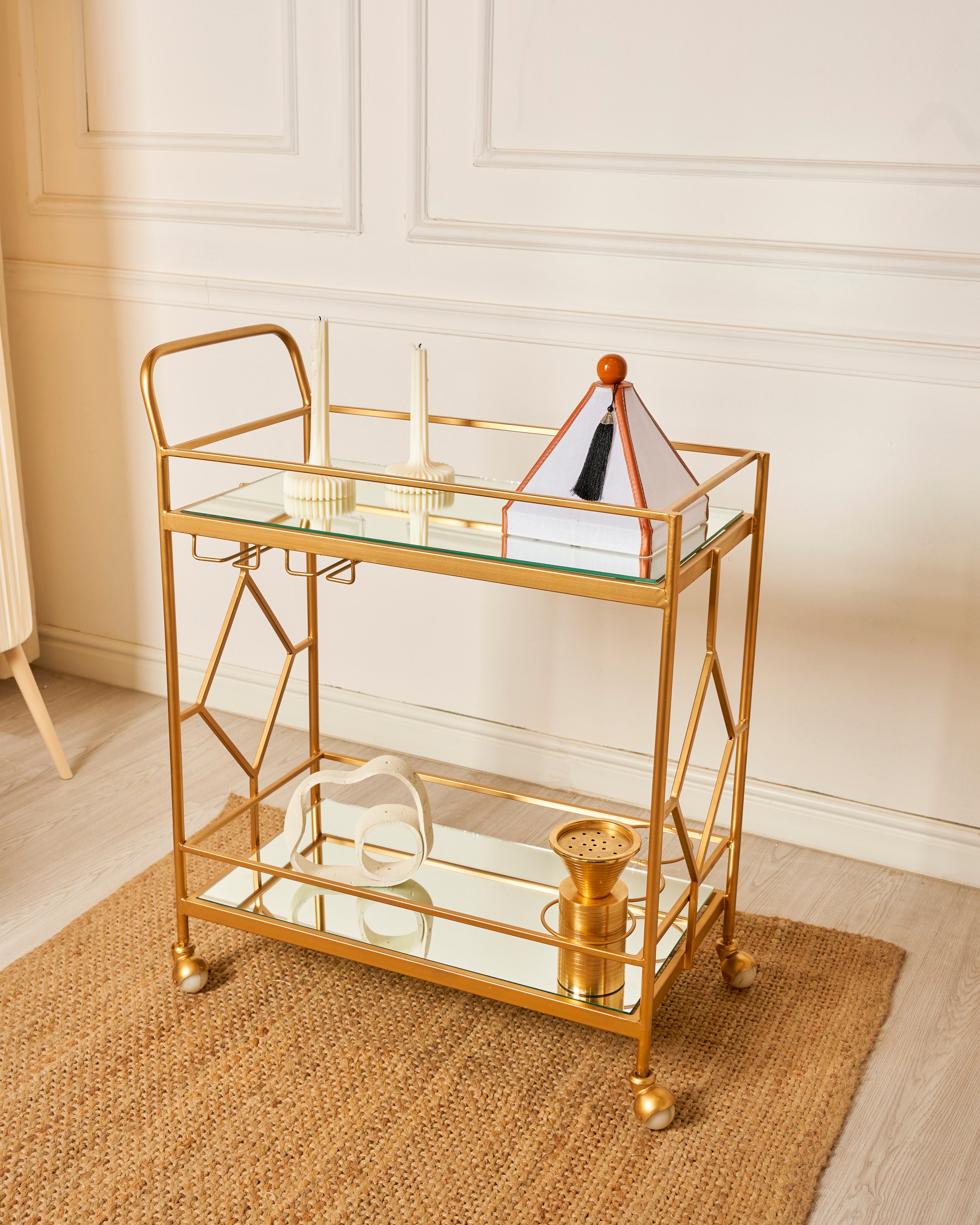 Indian iron trolley with a gold-plated base for seating