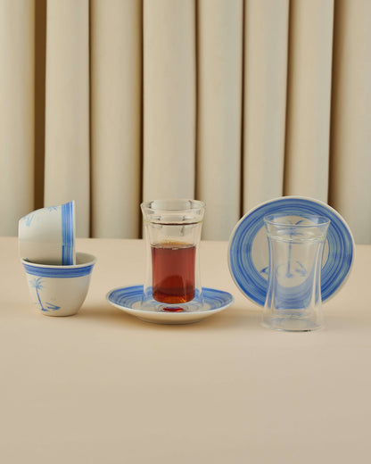 طقم استكانات شاي وفناجين قهوة عربية 18 قطعة دبل وول - طبقتين من الزجاج